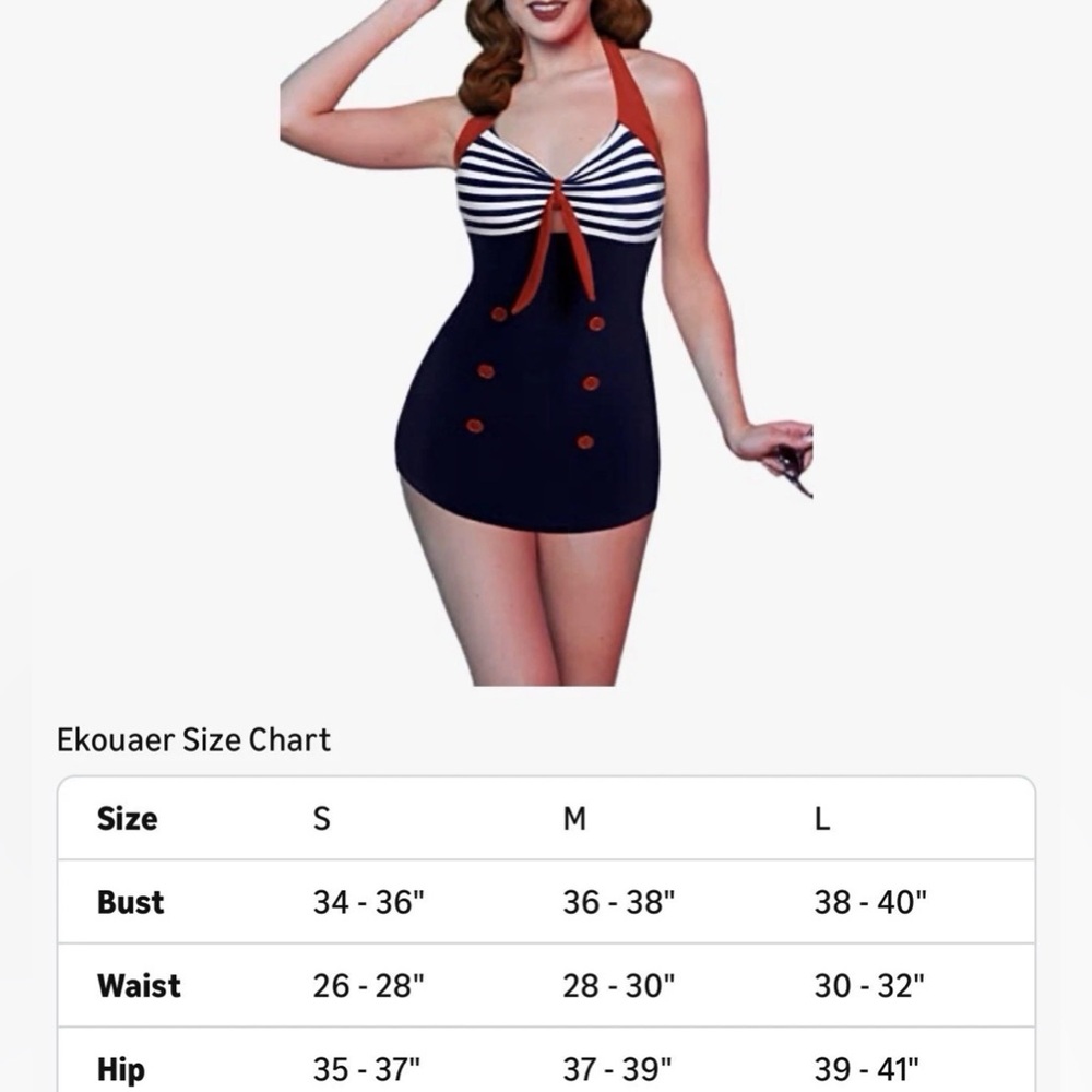Ekouaer Womens One Piece Swimsuits Vintage Striped Skirt Bathing Suit LARGE - Picture 3 of 7